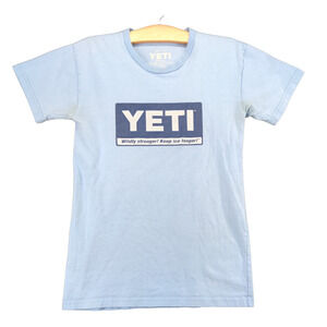 YETI Wildly Stronger Keep Ice Longer T-Shirt Mens Small Short Sleeve Blue Cotton